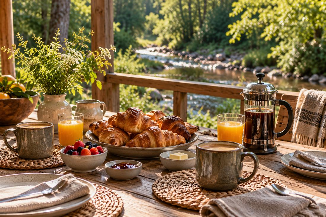 Breakfast laid out on a wooden table above the stream: croissants, berries, jam, butter, orange juice and a full cafetiere in the morning sun.