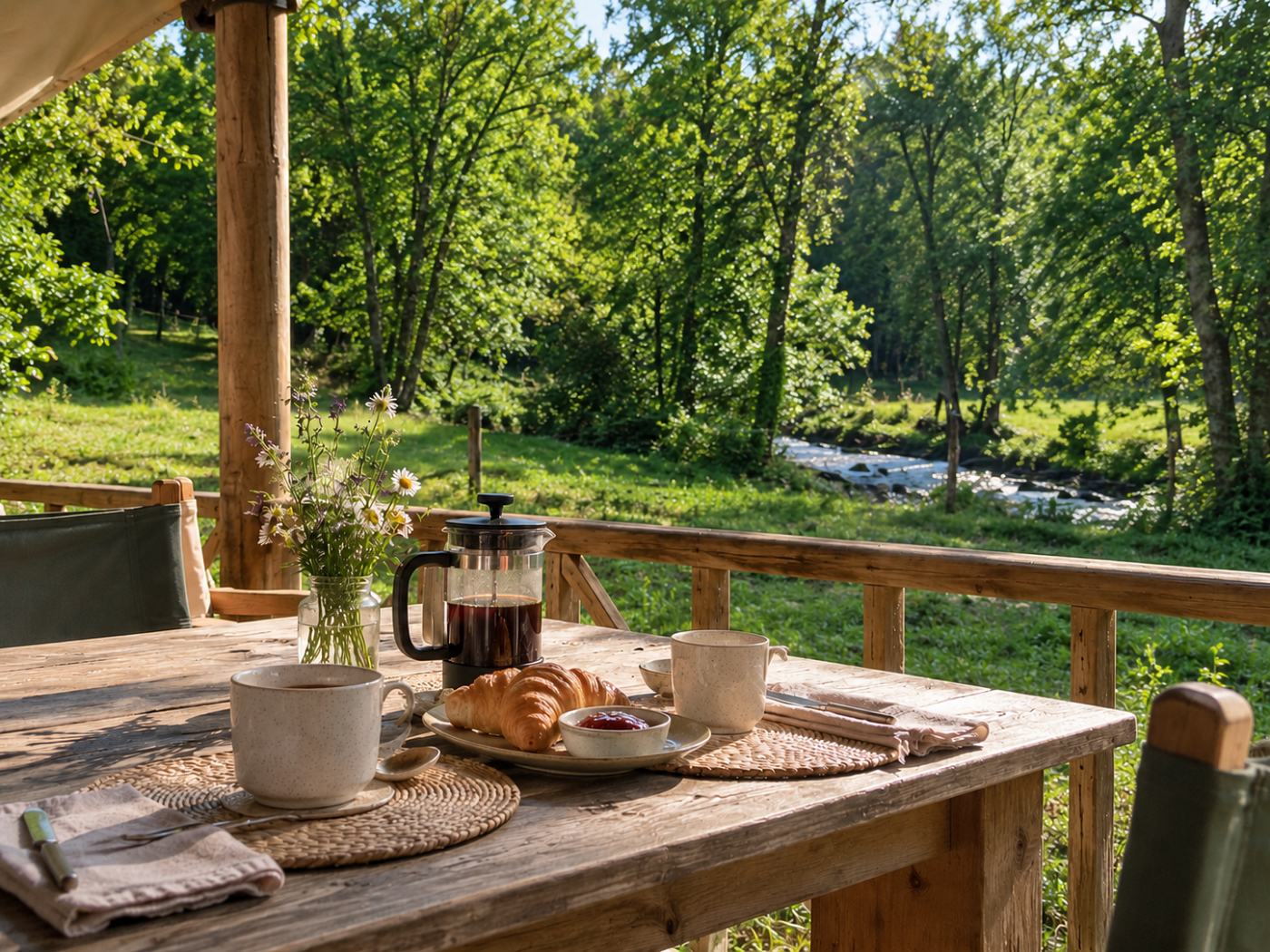Ontbijt op de veranda: een cafetière koffie, een croissant en jam op een geschuurde houten tafel, wilde bloemen in een pot en daarachter de beek langs de wei.
