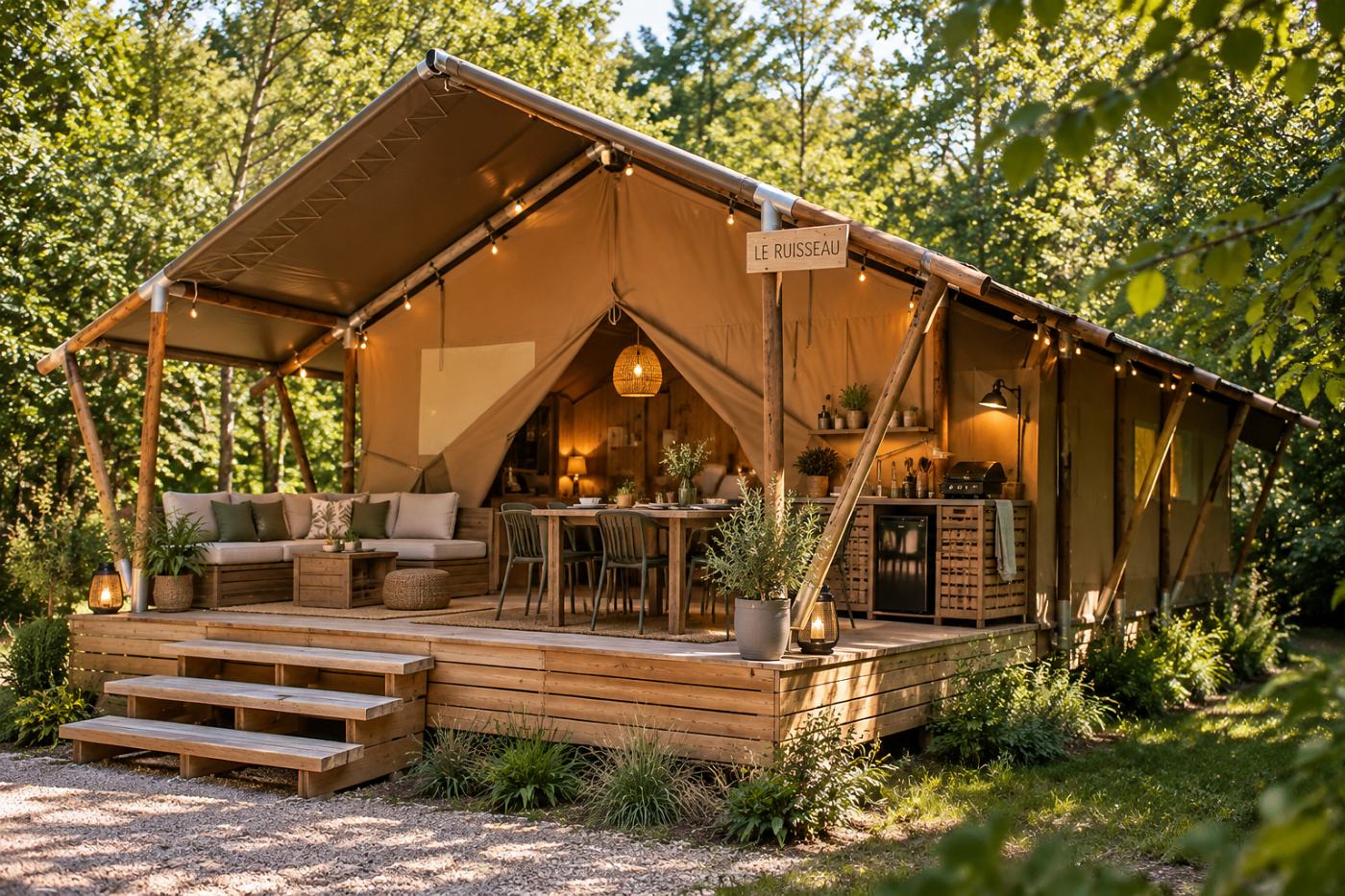 De safaritent Le Ruisseau, van binnenuit verlicht in de schemering, met een diepe veranda met bank, eettafel en buitenkeuken.