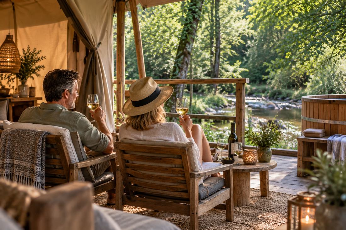 A couple sitting in wooden armchairs on a canvas-shaded veranda with glasses of white wine, looking out over the stream, a wood-fired hot tub to one side.
