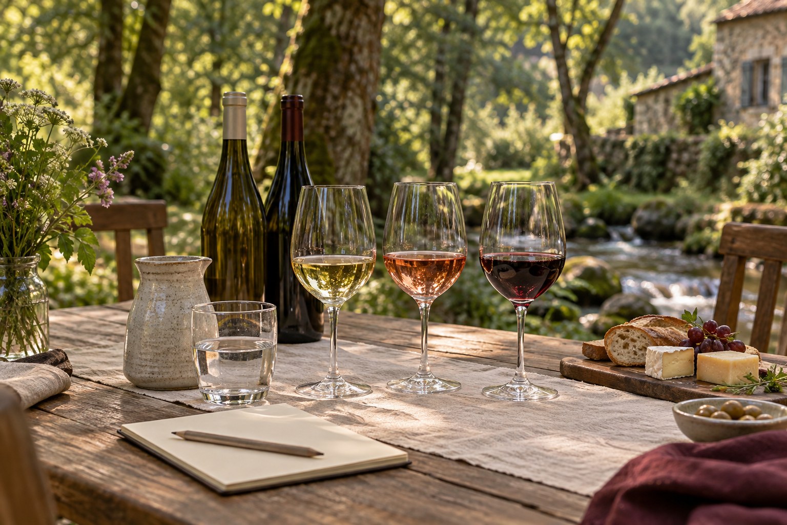 White, rosé and red wines arranged for a tasting on a linen-covered wooden table beside a woodland stream, with wine bottles, water, cheese and a tasting notebook.